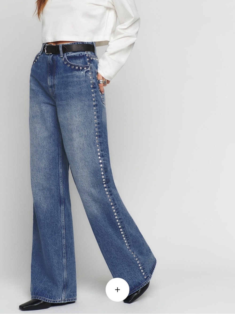Reformation Cary High Rise Slouchy Wide-Leg Studded Jeans in Long Length